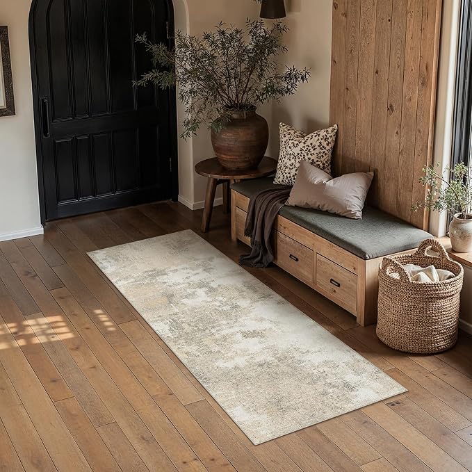 2x6 Beige Grey Modern Abstract Washable Runner Rug for Hallway | Low Pile, Non Slip, Modern Abstract Style, Soft Hallway Runner Rug for Kitchen, Entryway, Laundry Room, Home Decor