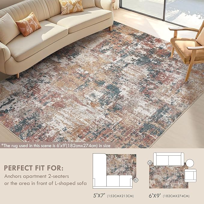 Tortania Washable 5x7 Area Rug for Living Room: Modern Abstract Neutral Large Soft Thin Rugs - Non Slip Indoor Carpet for Bedroom Dining Room Office Nursery Home Floor Decoration - Colorful Multi