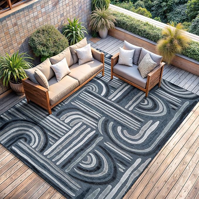 CAMILSON Indoor Outdoor Rug, Navy Blue 9x12 Geometric Arch Striped Large Area Rugs for Patio and Home Areas, Easy-Cleaning Non-Shedding Living Room, Garden and Deck Washable Outside Carpet (9 x 12)