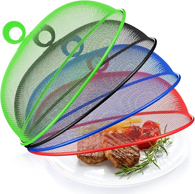 Foaincore 8 Pcs Metal Mesh Food Covers Tent Umbrella 11 Inch Outside Mesh Food Net Tents Dome Screen Plate Covers for Outdoor Picnic Camping Keep out Flies Bugs Mosquitoes(Red, Green, Blue, Black)