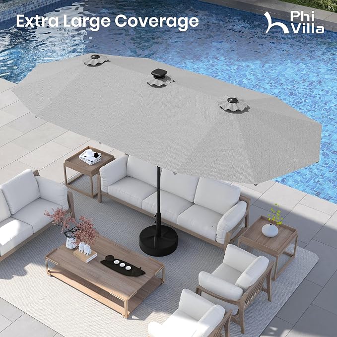 PHI VILLA 13ft Patio Umbrella with 120 PCS Solar-Powered LED Color-Changing Lights, Double-Sided Large Rectanglular Umbrella Outdoor for Table with Crank Lift,Light Grey(No Base)