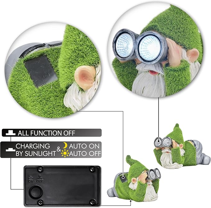 TERESA'S COLLECTIONS Green Garden Gnomes for Garden Decor, Funny Resin Outdoor Decorations for Yard with Solar Lights, Garden Statues for Front Porch Patio, Ideal Gift for Women and Man 7.1"