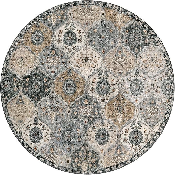 Lahome Moroccan Washable Round Rug 5ft, Soft Circle Rug for Dining Room | Office Vintage Bedroom Bathroom Entryway Distress Non Slip Low Pile Stain Resistant Accent Rug Elise, Grey