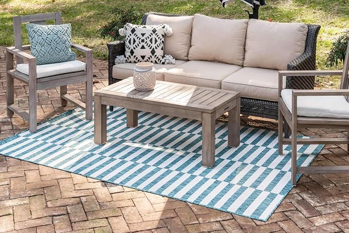 Unique Loom Outdoor Striped Collection Area Rug - Striped (4' 1" x 6' 1" Rectangle, Teal/Ivory)