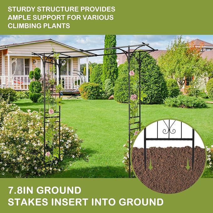 Garden Arch Trellis, Heavy-Duty Steel Frame Support Arbour Archway for Climbing Plant, Rose Vines, Vegetables, Outdoor Decoration for Lawn Backyard Party Wedding, Flat Top