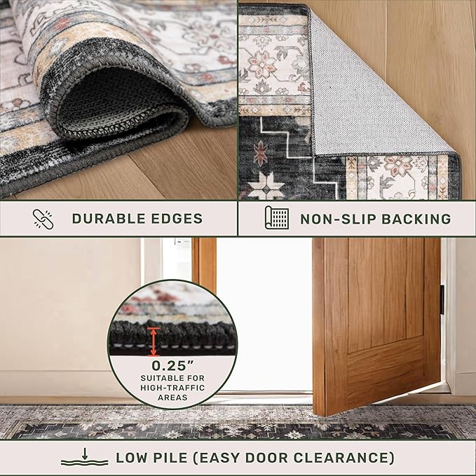 Boho Dining Room Rugs for Under Table - 6x9 Washable Black Area Rug For Living Room, Low Pile Non-Slip Rugs for Bedroom, Office - Charming Farmhouse Decor & Stain Resistance (6x9 Black/Multi)