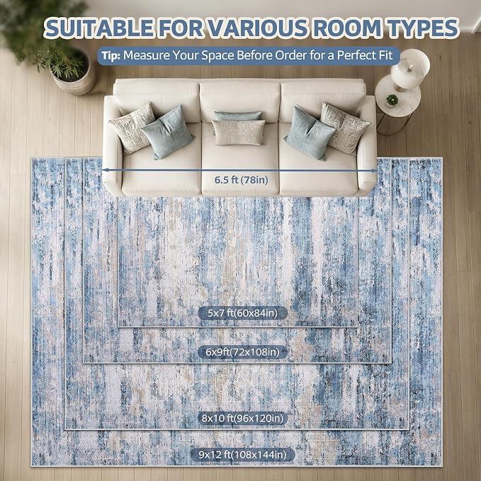 6x9 Washable Area Rug Modern Abstract for Living Room Bedroom Blue | Soft Indoor Carpet,Anti-skid Backing,Water Repellent,Non-shedding, Suitable for bedroom dining farmhouse nursery home office