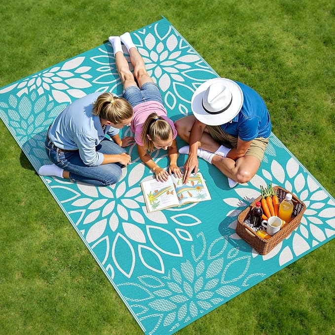 HEBE Waterproof Outdoor Rug 5x8 for Patios, Floral Reversible Plastic Straw Rug Patio Mat, Indoor Outdoor Carpet RV Mat Camping Rug for Deck, Camper, Porch, Balcony, Backyard, Picnic