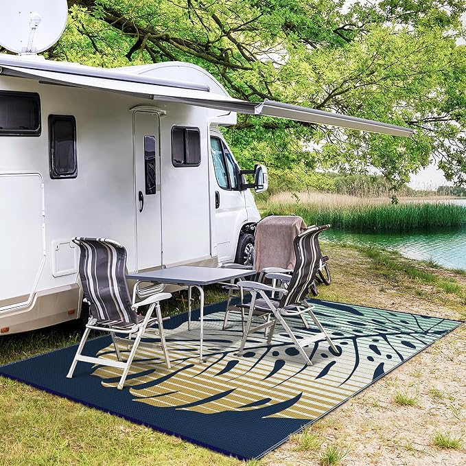 GENIMO Outdoor Rug 6' x 9' Waterproof for Patio Clearance, Reversible Plastic Straw Camping Mat, Lightweight Carpet for Rv, Camper, Deck, Porch, Picnic, Balcony, Beach,Yellow & Blue Blend