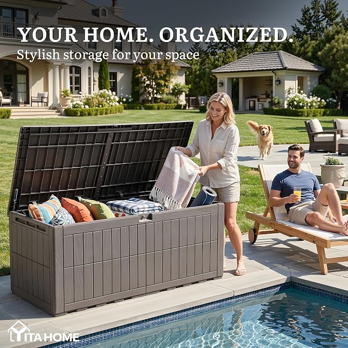 YITAHOME 200 Gallon Large Outdoor Storage Box XL Resin Deck Box with Lock | Waterproof Patio Furniture Bin and 3-Person Bench Seating for Garden Tools & Pool Accessories, Light Brown