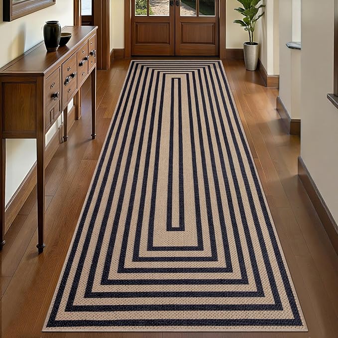 Tangsoo Easy Jute Rug 2.6x10 Washable Runner Rug for Hallways,Non-Slip Black Geometric Thin Indoor Outdoor Rug,Modern Farmhouse Carpet Runner for Kitchen Laundry Bedroom Entryway Porch