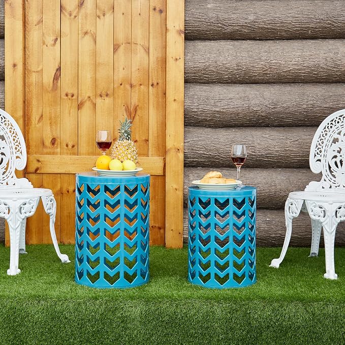 Y&M Outdoor Side Tables Set of 3, Round Metal Nesting End Coffee Tables, Indoor & Outdoor Accent Tables for Patio, Porch, Balcony, Garden, Sunroom, Living Room, Blue
