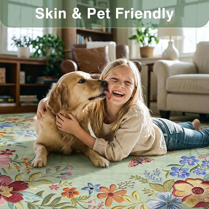 FMFUNCTEX 6x9 Washable Mint Green Floral Scalloped Area Rug for Living Room | Vintage Flower Colorful Traditional Boho Distressed Soft Non Slip Low Pile Large Pattern Indoor Carpet Dining Bedroom Nursery