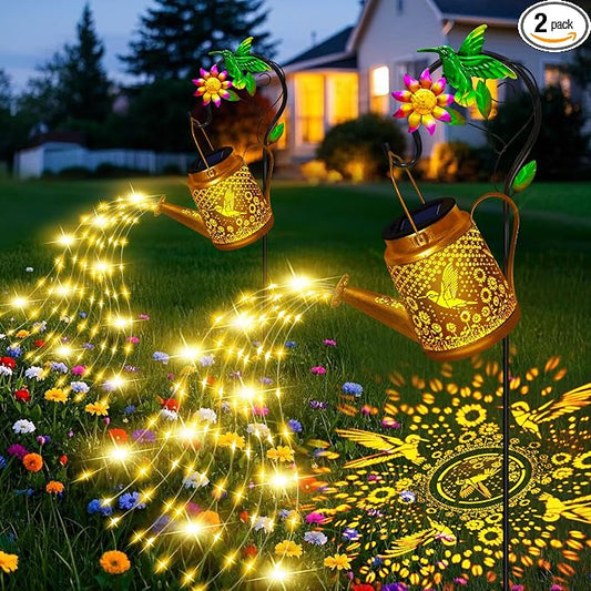 Hummingbird Solar Watering Can Lights, Outdoor Waterproof Garden Lanterns with Shepherd Hook, Solar Garden Decor for Yard Outdoor Landscape Pathway, Gift for Women Mom Grandma Christmas Gifts, 2 Pack