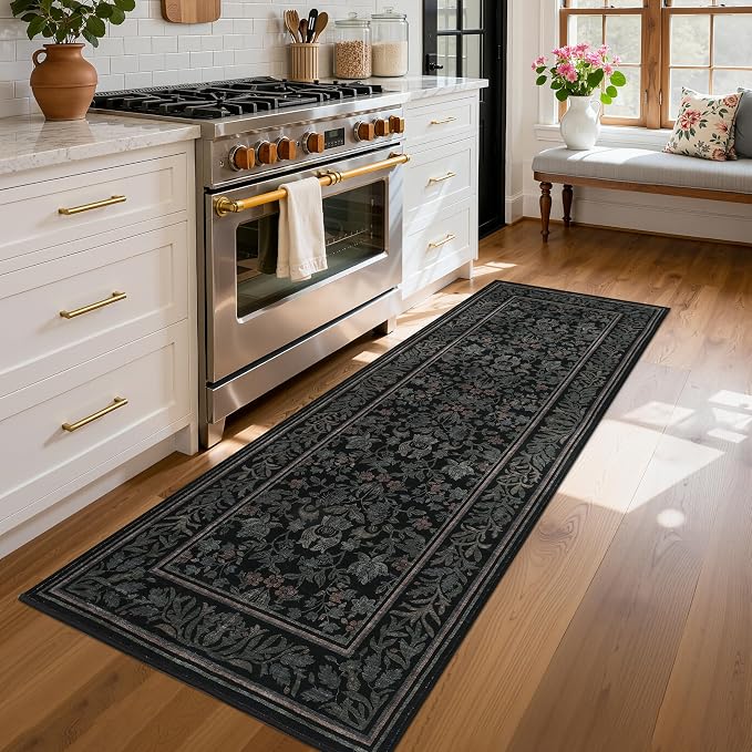 GarveeHome Washable 2.5x8 Hallway Runner Rug Non Slip Kitchen Rugs, Black | Boho Vintage Runner Rugs with Rubber Backing Soft Low-Pile Stain Resistant Indoor Long Carpet for Entryway Bedroom Laundry