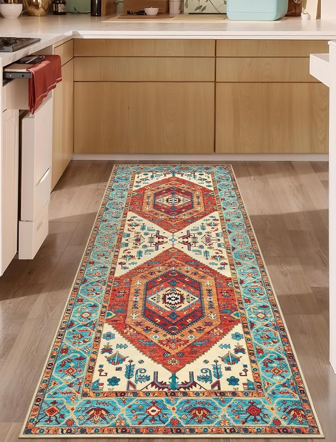 SERISSA 2x6 Washable Non Slip Boho Runner Rug for Hallway，Orange | Ultra Soft Vintage Oriental Carpet Low-Pile Distressed Tribal Floor Carpet for Kitchen Bedroom Bathroom Laundry Living Room