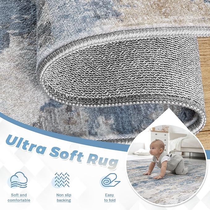 pmtsns Area Rugs 8x10 for Living Room: Washable Rug Modern Abstract Neutral Soft Non-Slip Low-Pile Indoor Large Carpet for Bedroom Dining Room Playroom Home Office (Light Blue Brown, 8'x10')