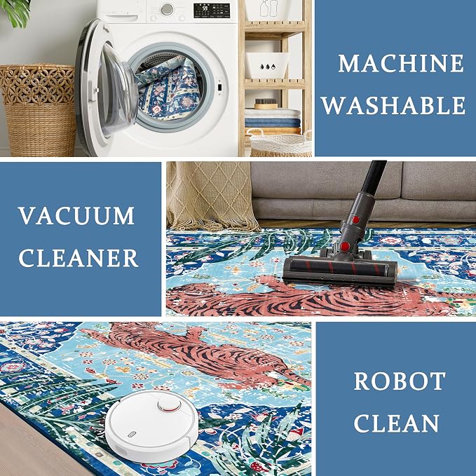 6x9 FT Leopard Rug for Living Room Vintage Animal Rug Aesthetic Rugs for Girls Room Nursery Bedroom Home Office Dorm Thin Bright Blue Carpet (Blue, 6X9 FT)