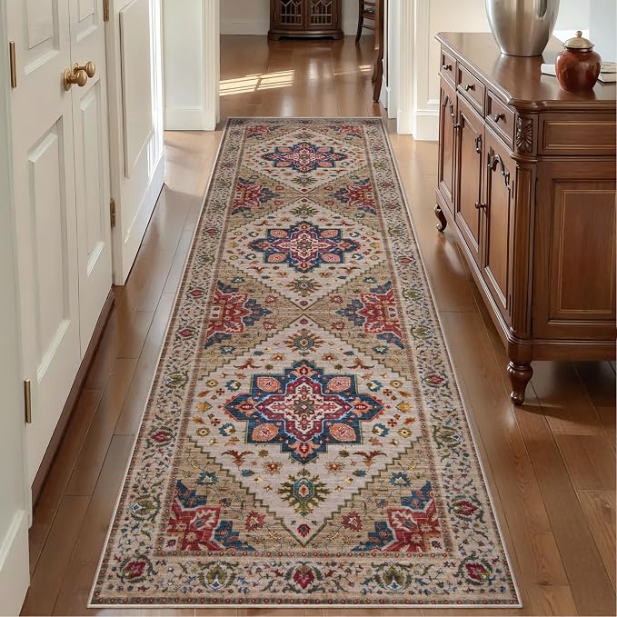 Tangsoo 2.6x10 Hallway Runner Rugs, Washable Non Slip Vintage Rug Runners | Oriental Soft Low Pile Long Rug, Boho Farmhouse Print Indoor Carpet Runners for Hallway Living Room Kitchen Bedroom Beige/Red