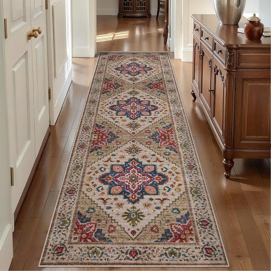 Tangsoo 2.6x10 Hallway Runner Rugs, Washable Non Slip Vintage Rug Runners | Oriental Soft Low Pile Long Rug, Boho Farmhouse Print Indoor Carpet Runners for Hallway Living Room Kitchen Bedroom Beige/Red