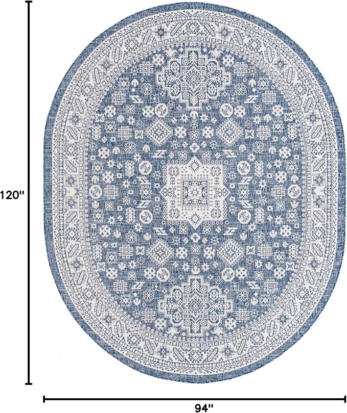 Unique Loom Outdoor Aztec Collection Area Rug - Chalca (7' 10" x 10' Oval, Blue/ Ivory)