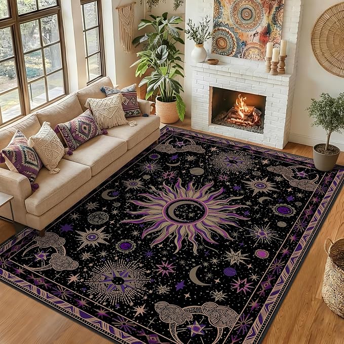 Vacuum-Friendly, 8x10 Washable Area Rug, Black Purple Beige | Sun and Moon Boho Gothic Non-Slip Low Pile Living Roon Bedroom Dining Room Kitchen Entry Entryway Entrance Hallway Doormat