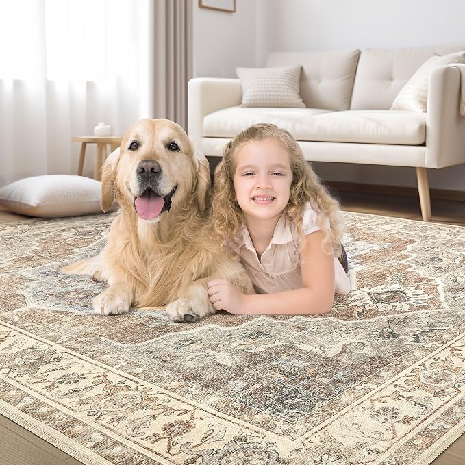 5x7 Washable Area Rug: Vintage Neutral Soft Non Slip Thin Large Floor Carpet for Living Room Bedroom Kitchen Dining Room Home Office Farmhouse Indoor - Grey Brown