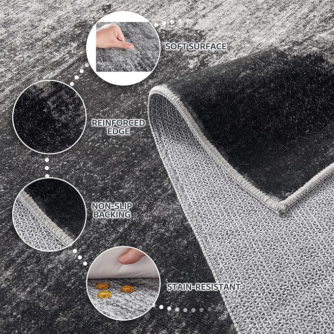 DMOYEST 9x12 Area Rug for Living Room Washable Abstract Indoor Carpet | Neutral Modern Low Pile Rugs Kid & Pet Friendly Large Soft Thin Carpet for Bedroom Dining Room and Office - Dark Grey
