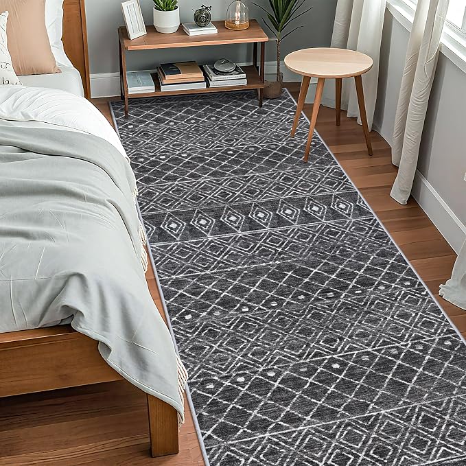 4x10 Black Moroccan Washable Runner:Non Slip Geometric Rug for Hallway | Pets Friendly Runner Low Pile Soft Indoor Floor Mat Front Door for Kitchen Bedroom Entryway Laundry