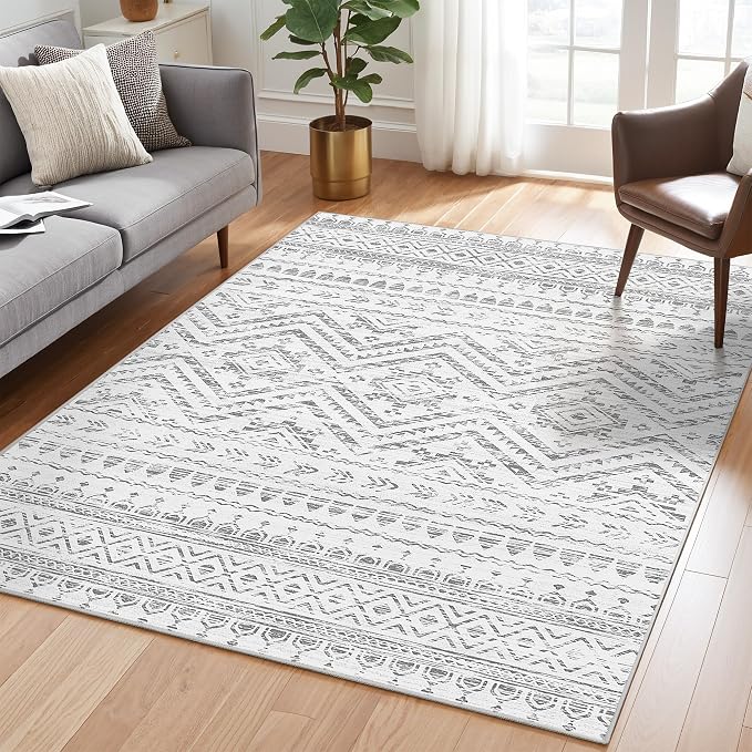 Miukiki 4x6 Washable Area Rug Non Slip Rug for Living Room Grey | Moroccan Soft Low Pile Indoor Area Rug for Living Room Bedroom Dining Room Stain Resistant Carpet with Easy Care 4'x6'