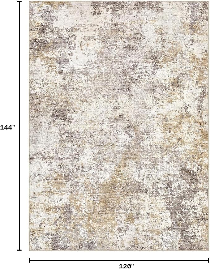 Nakagishi 10X12 Abstract Washable Area Rugs for Living Room-Golden Brown | Modern Non-Slip Silicone Backing Low Pile Soft Carpet for Bedroom Dining Decor for Families with Kids and Pets