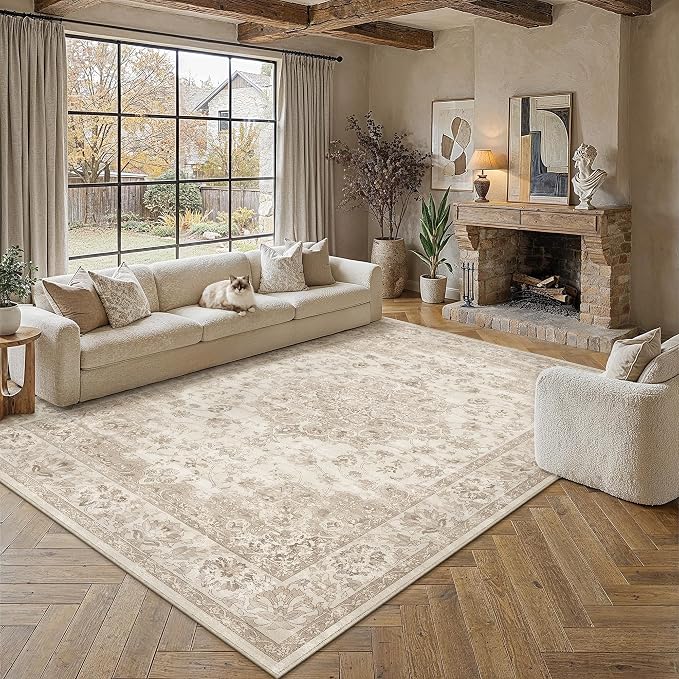 Beige Area Rug 8x10 Living Room Neutral Vintage Non-Slip Carpet | Machine Washable, Soft, Low Pile, Distressed, Large for Bedroom, Dining Room, Office, Retro Home Decor
