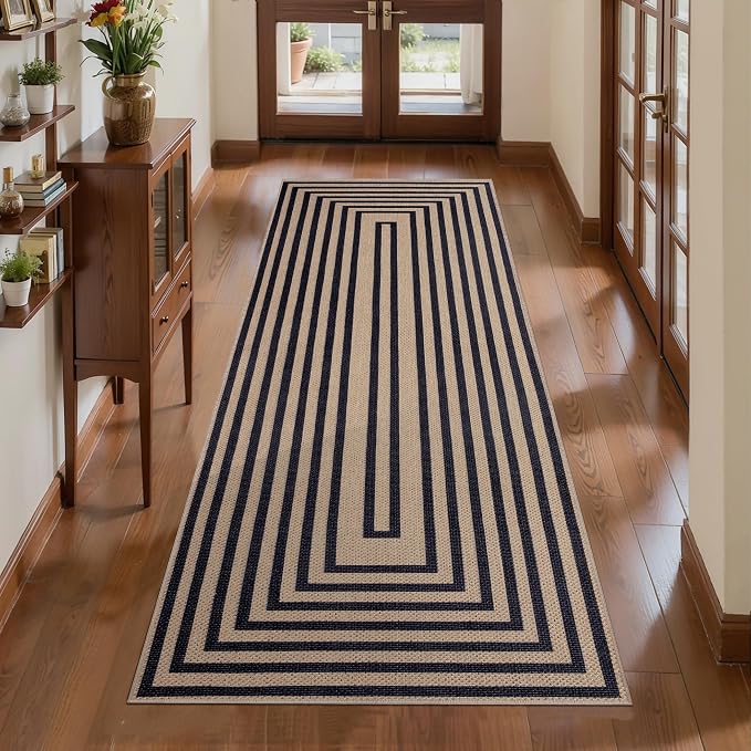 Tangsoo Easy Jute Rug 2x5 Washable Runner Rug for Hallways,Black Non-Slip Thin Outdoor Rug,Modern Geometric Carpet for Porch Laundry Bedroom Entryway Kitchen