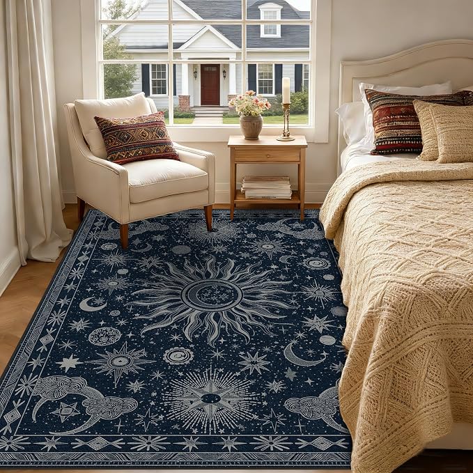 Vacuum-Friendly, 5x7 Washable Area Rug, Blue Gray White | Sun and Moon Boho Gothic Non-Slip Low Pile Living Roon Bedroom Dining Room Kitchen Entry Entryway Entrance Hallway Doormat