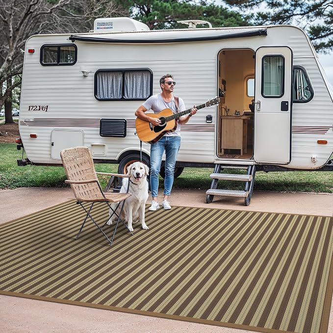 GENIMO Outdoor Rug for Patio Clearance, 6'x9' Reversible Plastic Straw Rugs, Lightweight Waterproof RV Camping Mat for Camper, Balcony, Deck, Backyard, Picnic, Brown & Beige