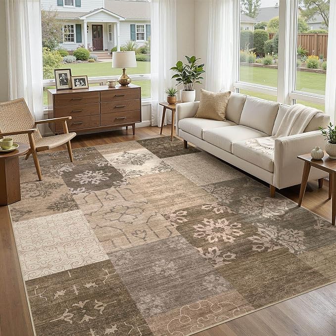 UERMEI 10x12 Area Rug for Living Room, Washable Brown Modern Geometric Patchwork Non Slip Stain Resistant Low Pile Foldable Carpet for Bedroom Dining Farmhouse Home Office