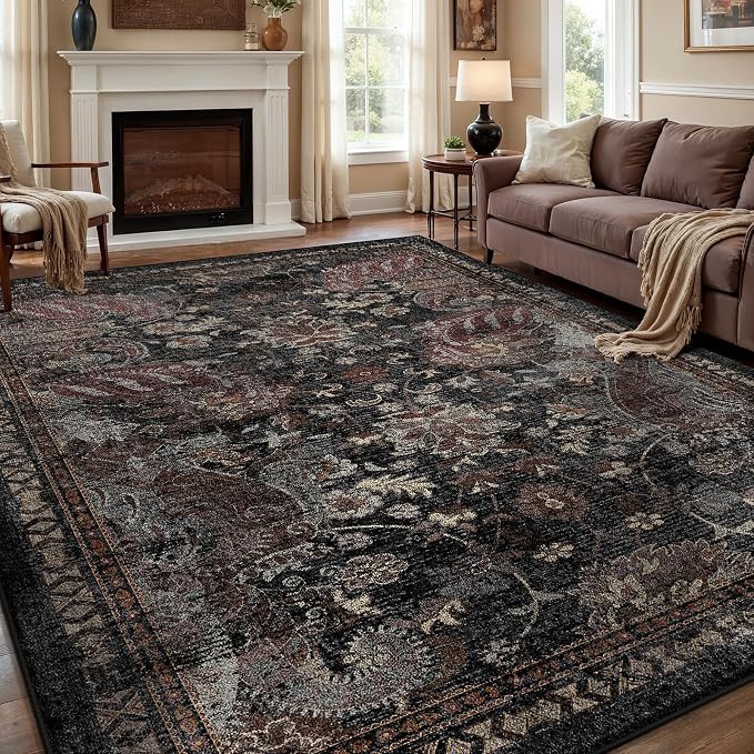 RUGIXE Washable 8x10 Area Rug, Vintage Persian-Style Floral Living Room Rug | Distressed Oriental Design, Non-Slip Backing, Soft Low-Pile Feel, Bedroom & Office Rug, Traditional & Transitional Home Decor