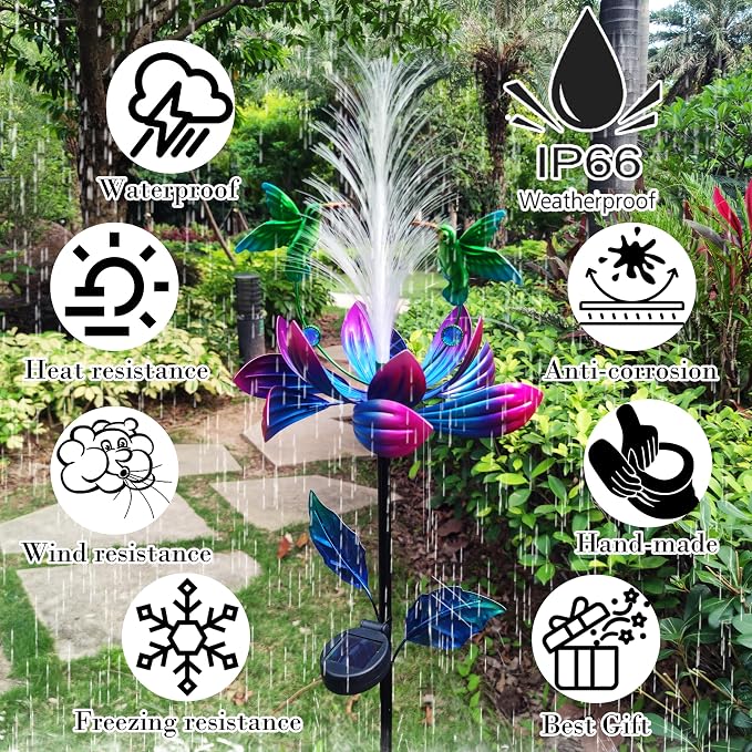 Solar Hummingbird Wind Spinners, Solar Firework Lights Garden Décor, Metal Lotus Flower Windmill Colour Changing Optical Fiber Lights Yard Decoration, Outdoor Wind Sculpture for Lawn Patio,Balcony