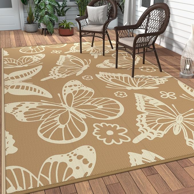 GENIMO Outdoor Rug 6' x 9' Waterproof for Patio Clearance, Reversible Plastic Straw Camping Carpet, Lightweight Mats for Rv, Camper, Deck, Porch, Picnic, Beach, Balcony,Light Brown & Beige