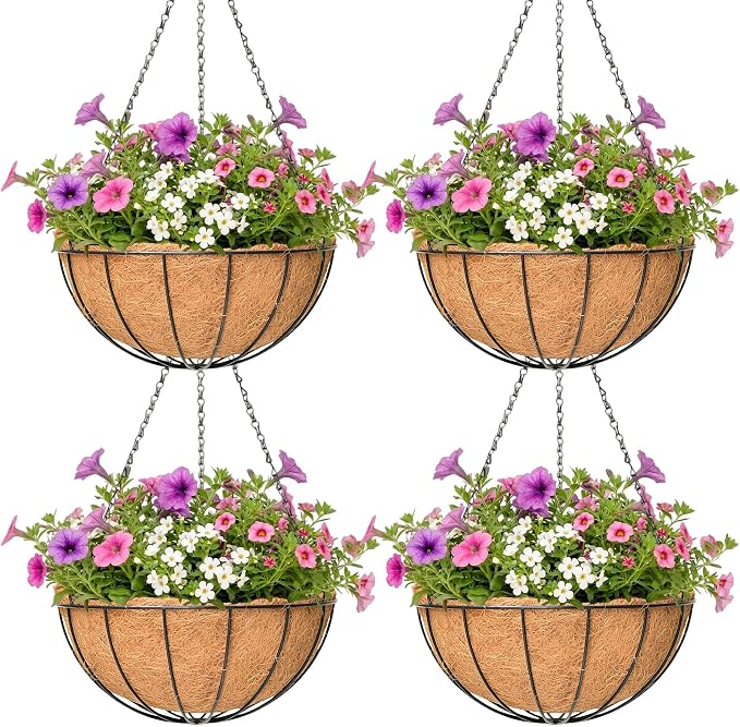 4 Pack Hanging Planter for Outdoor Plants 14 inch Metal Hanging Flower Basket with Coco Coir Liner Round Wire Plant Holder Chain Flower Pots Outdoor Garden Decoration Watering Hanging Baskets(XG)