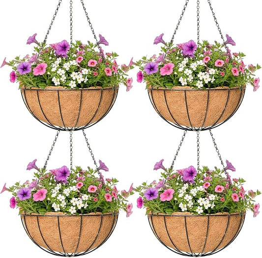 4 Pack Hanging Planter for Outdoor Plants 16 inch Metal Hanging Flower Basket with Coco Coir Liner Round Wire Plant Holder Chain Flower Pots Outdoor Garden Decoration Watering Hanging Baskets(XG)
