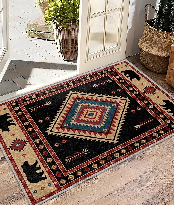 Southwest Rug 2x3 - Native American Bear Cabin Area Rugs for Entryway, Rustic Geometric Machine Washable | Non-Slip | Low Pile Small Carpets, Western Home Decor (Red Tan Black)
