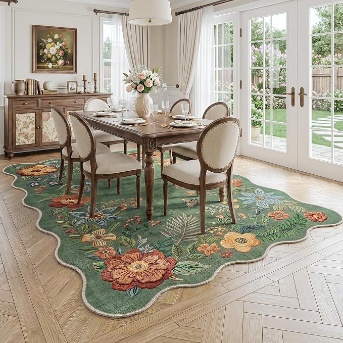 FMFUNCTEX 6x9 Washable Sage Green Floral Scalloped Area Rug for Living Room | Vintage Flower Colorful Traditional Boho Distressed Soft Non Slip Low Pile Large Cottage Indoor Carpet Dining Bedroom Nursery
