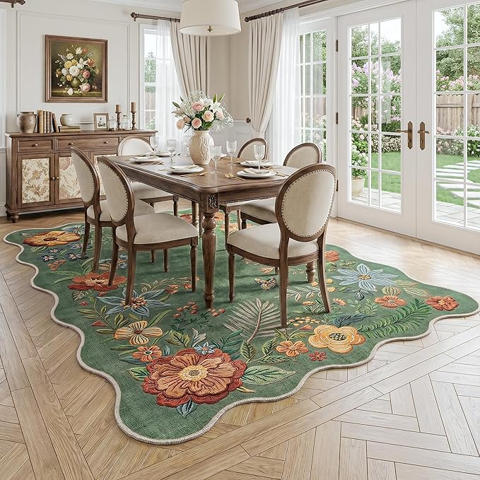 FMFUNCTEX 5x7 Washable Sage Green Floral Scalloped Area Rug for Living Room | Vintage Flower Colorful Traditional Boho Distressed Soft Non Slip Low Pile Large Cottage Indoor Carpet Dining Bedroom Nursery