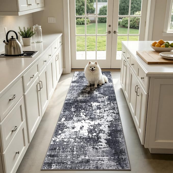 Sasttie 2x6 Runner Rug, Modern Abstract Hallway Carpet, Black & White | Machine Washable, Ultra-Soft Faux Wool, Low Pile, Non-Slip, Thin, for Entrance, Entryway, Kitchen & Laundry Room