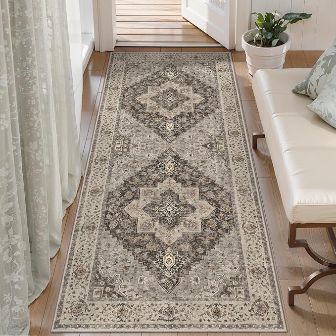 Tangsoo Vintage 2x5 Washable Runner Rugs for Hallway, Non Slip Rug Runner | Farmhouse Soft Low Pile Rug Runner, Oriental Carpet Runners for Entryway Kitchen Bedroom Bathroom Living Room Grey/Multi
