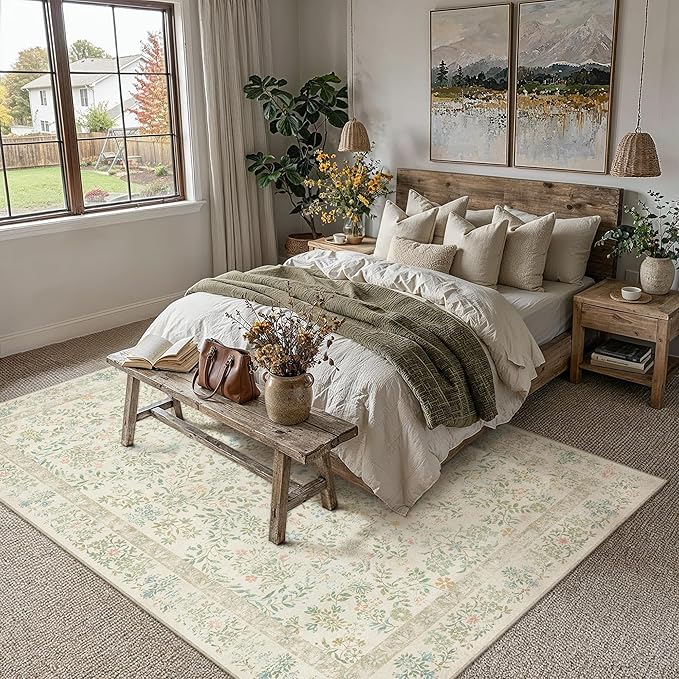 8x10 Light Green Floral Area Rug Vintage Farmhouse Style | Washable, Non Slip, Soft Low Pile, Indoor Carpet for Living Room, Bedroom, Dining Room, Botanical Decor