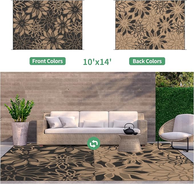 GENIMO Outdoor Rug Waterproof for Patio Decor, 10' x 14' Reversible Plastic Straw Floral Camping Carpet, Large Area Rugs Mats for RV, Camper, Deck, Balcony, Porch, Beach, Picnic, Black & Brown
