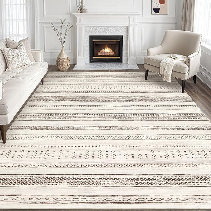 Tortania Area Rug Living Room Rugs - 8x10 Washable Large Soft Neutral Boho Moroccan Bohemian Farmhouse Rug Indoor Floor Carpet for Bedroom Under Dining Table Home Office Decor - Brown Beige