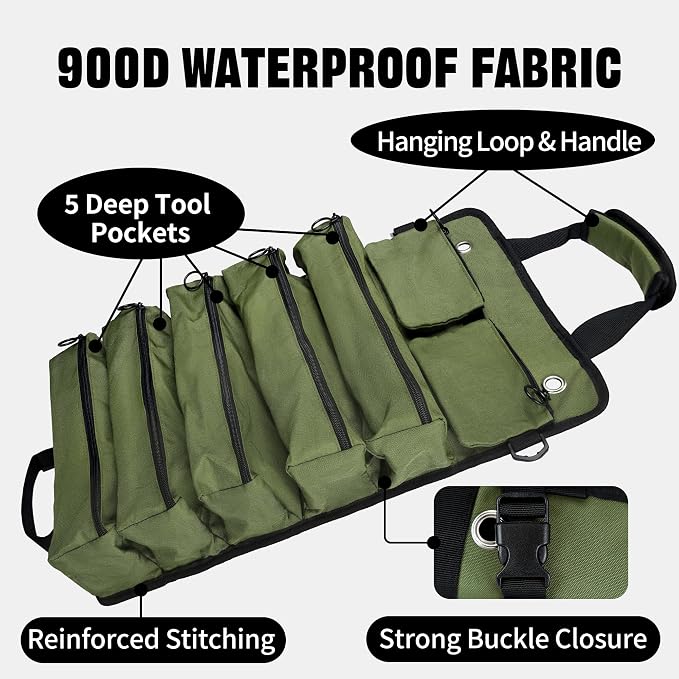 Portable Foldable Roll Up Tool Bag, Heavy Duty Tool Organizer Bag with 5 Compartments & 2 Detachable Pouches for Tools Storage, Waterproof Tool Roll Bag for Dad Men Electrician Gifts